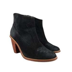 Hinge Shoes Womens 7.5 Booties Western Leather Black Stack Heel Embroidered Zip